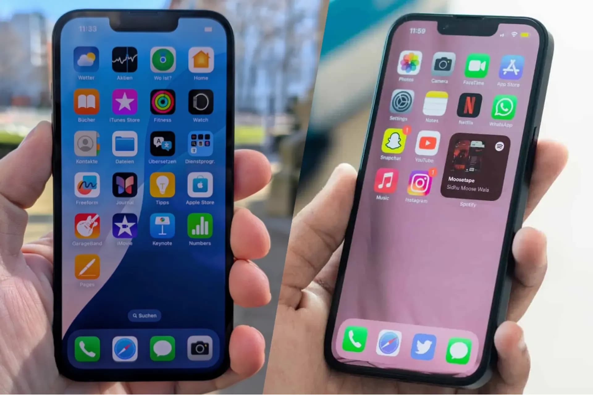So sánh hai mẫu iPhone, một với tai thỏ truyền thống và một với Dynamic Island, thể hiện sự thay đổi trong thiết kế của dòng iPhone tầm trung.