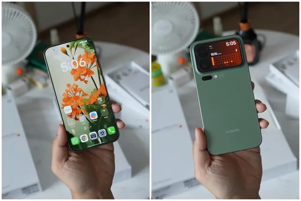So sánh màn hình chính của Xiaomi 17 Pro Max và iPhone 17 Pro Max đặt cạnh nhau.