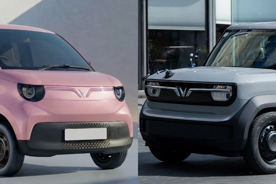 So sánh thiết kế đầu xe của VinFast VF 2 màu hồng và VinFast VF 3 màu xám, hai mẫu xe điện mini của VinFast