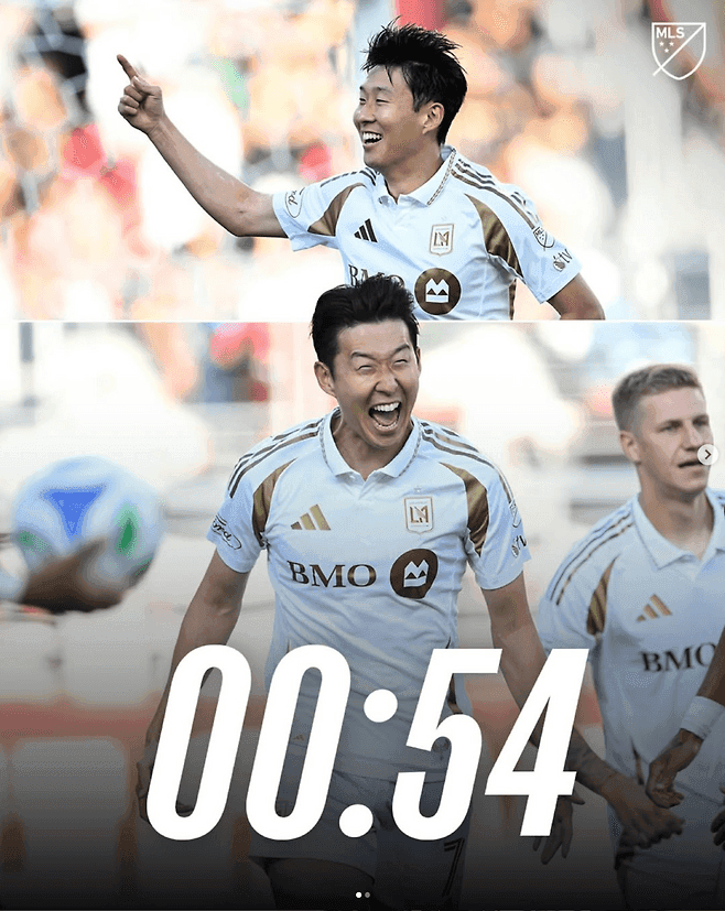 Son Heung-min ăn mừng bàn thắng nhanh chóng cho LAFC, với đồng hồ hiển thị 54 giây như trên SNS của MLS.