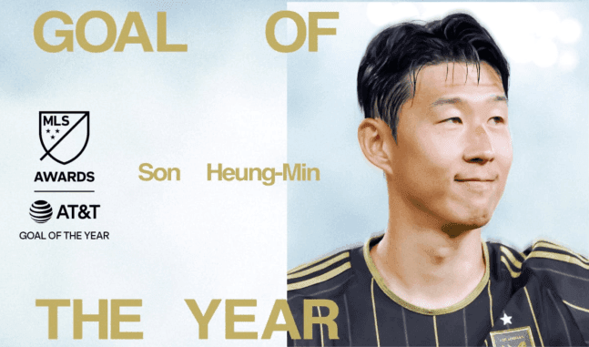 Son Heung-min trong màu áo LAFC với biểu ngữ 'GOAL OF THE YEAR', thể hiện màn trình diễn xuất sắc của anh.