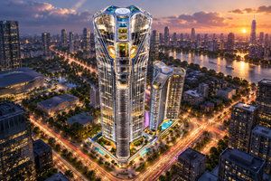 Tòa nhà chọc trời với kiến trúc độc đáo, thể hiện sự bề thế của các công trình y tế hiện đại.