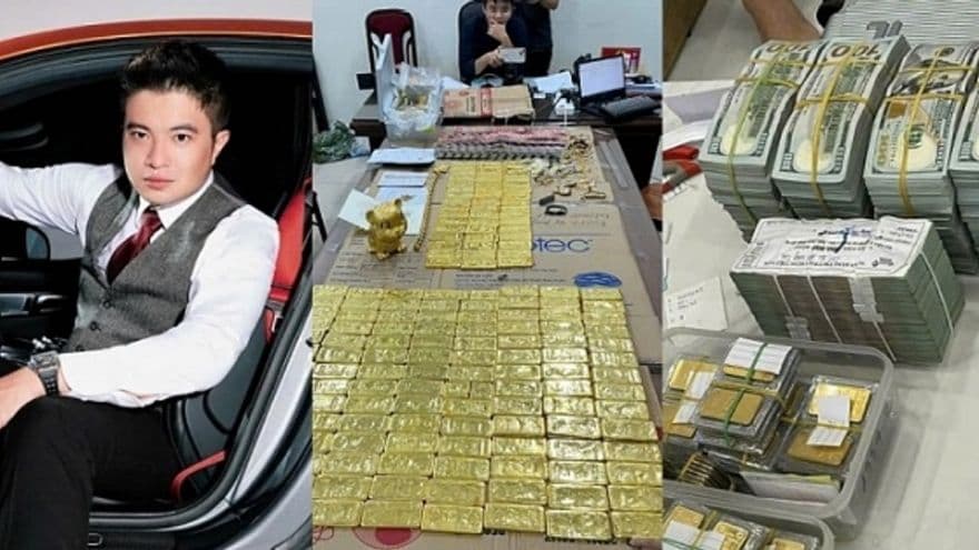 Tang vật vụ án lừa đảo Mr Pips và Mr Hunter, bao gồm tiền mặt, vàng miếng và hình ảnh Phó Đức Nam (Mr Pips) bên siêu xe.