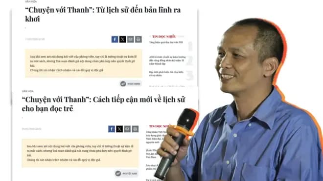 Tác giả Nguyễn Thành Nam trên nền các bài báo bị gỡ nội dung, thể hiện thách thức đối với tự do ngôn luận và sự đa dạng thông tin.