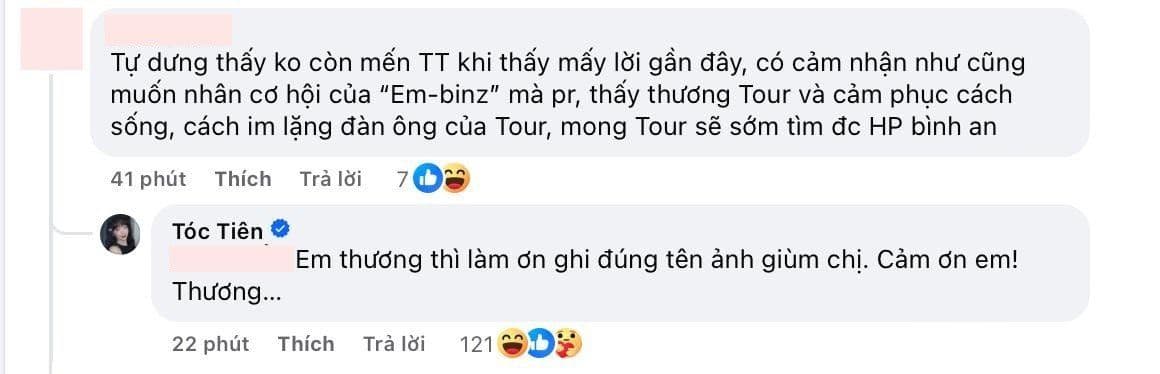Tóc Tiên phản hồi bình luận trên mạng xã hội, nhắc nhở người hâm mộ ghi đúng tên Touliver, thể hiện sự bảo vệ tinh tế.