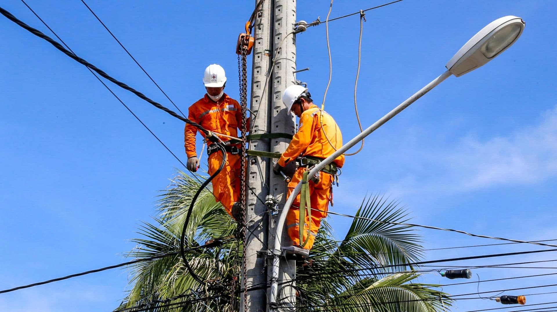 Thợ điện EVN làm việc trên cột điện, thể hiện tinh thần thi đua và sáng tạo.