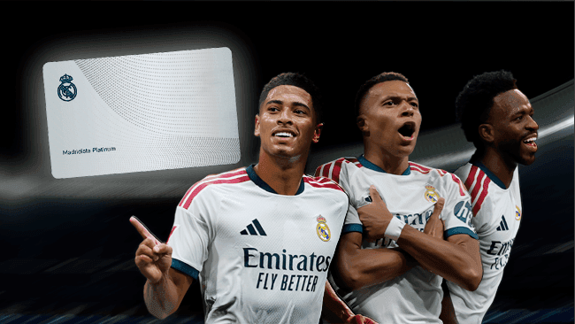 Thẻ Madridista Platinum cùng hình ảnh các cầu thủ Real Madrid, tượng trưng cho danh xưng "Hoàng gia" và văn hóa Madridista của câu lạc bộ.