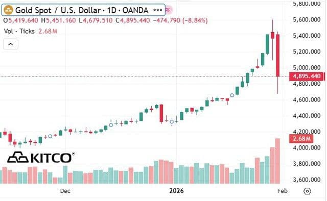 Đồ thị nến giá vàng thế giới cho thấy đà tăng trưởng mạnh mẽ trước đó và cú sập bất ngờ vào ngày 31/1.