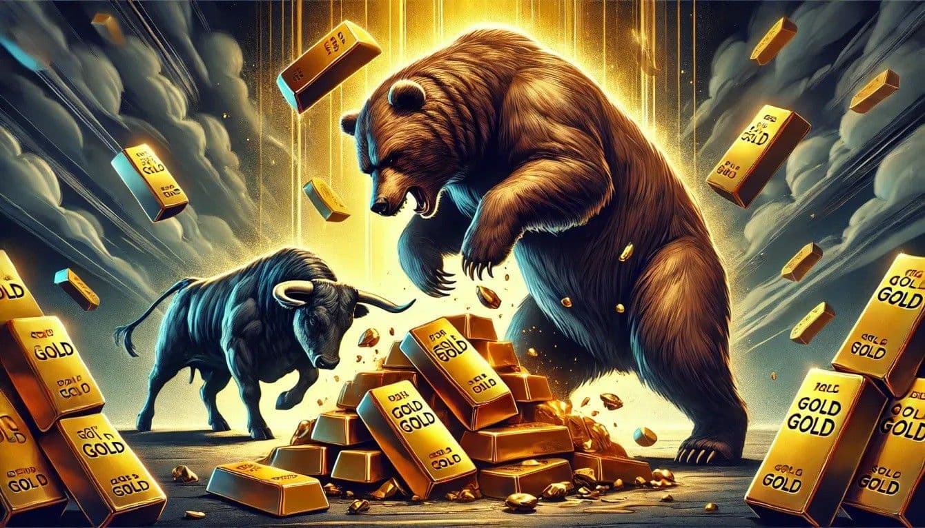 Thị trường vàng biến động với biểu tượng gấu và bò, đại diện cho rủi ro và cơ hội đầu tư vàng SJC.