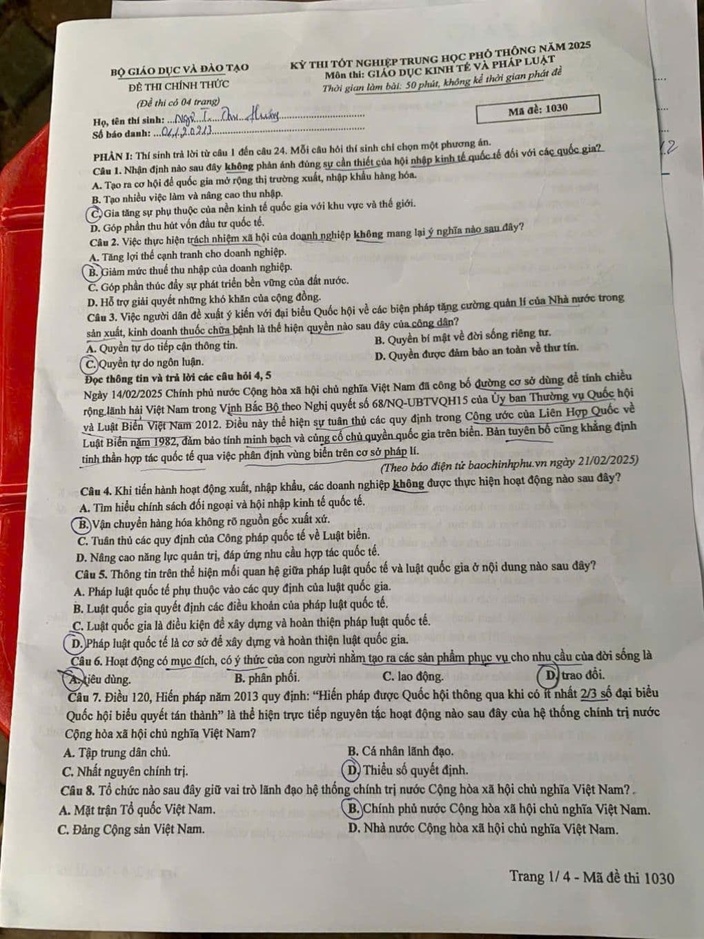 Đề thi môn Giáo dục Kinh tế và Pháp luật của chương trình GDPT 2018.