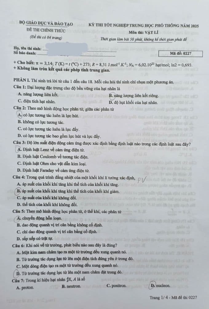 Đề thi môn Vật lý kỳ thi tốt nghiệp THPT 2025, minh họa cấu trúc bài thi mới.