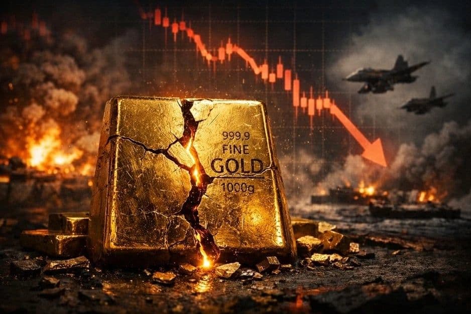 Thỏi vàng bị nứt vỡ giữa khung cảnh hỗn loạn, biểu đồ giá vàng giảm mạnh và máy bay chiến đấu, thể hiện sự biến động và rủi ro của thị trường vàng.