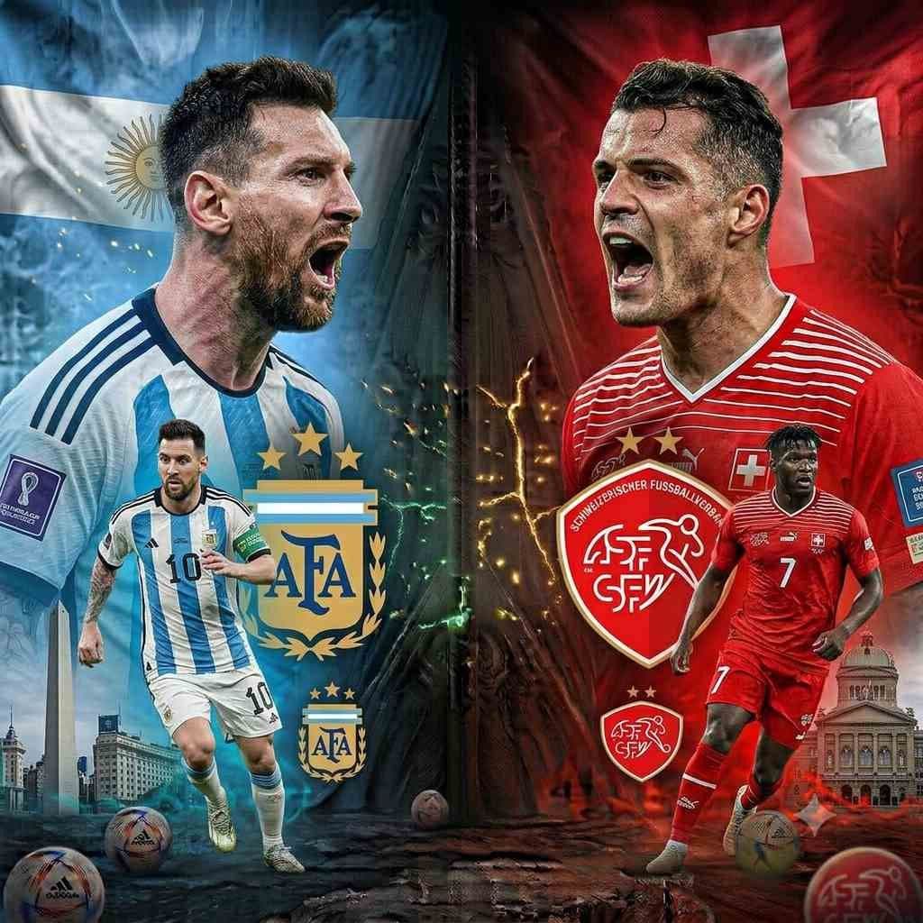 Thiết kế đồ họa đối đầu giữa Lionel Messi của Argentina và Granit Xhaka của Thụy Sĩ, với cờ và logo của hai đội.