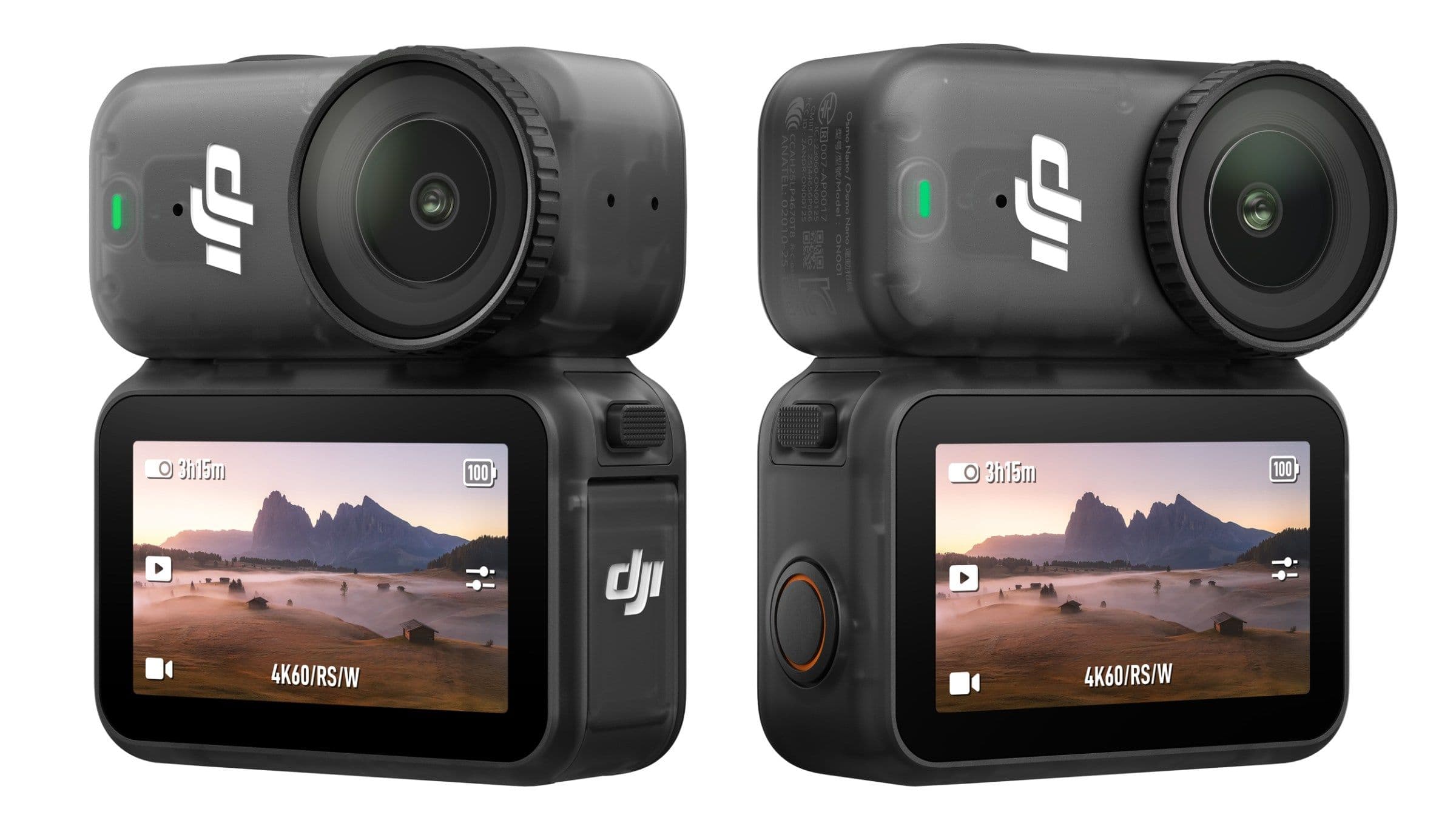 Thiết kế mô-đun của DJI Osmo Nano với camera chính và dock màn hình cảm ứng từ hai góc độ.