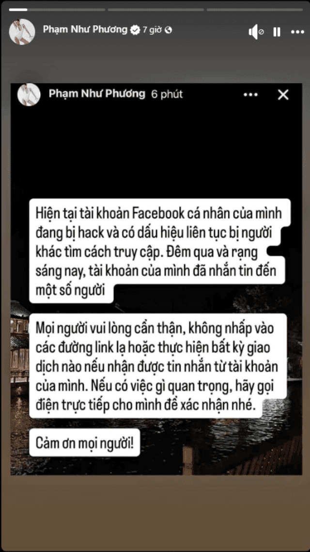 Thông báo của Louis Phạm về việc tài khoản Facebook bị hack, cảnh báo người dùng về các đường link bất thường.