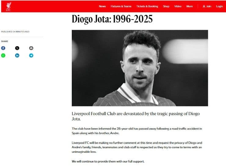 Thông báo chính thức của Liverpool về sự ra đi của Diogo Jota