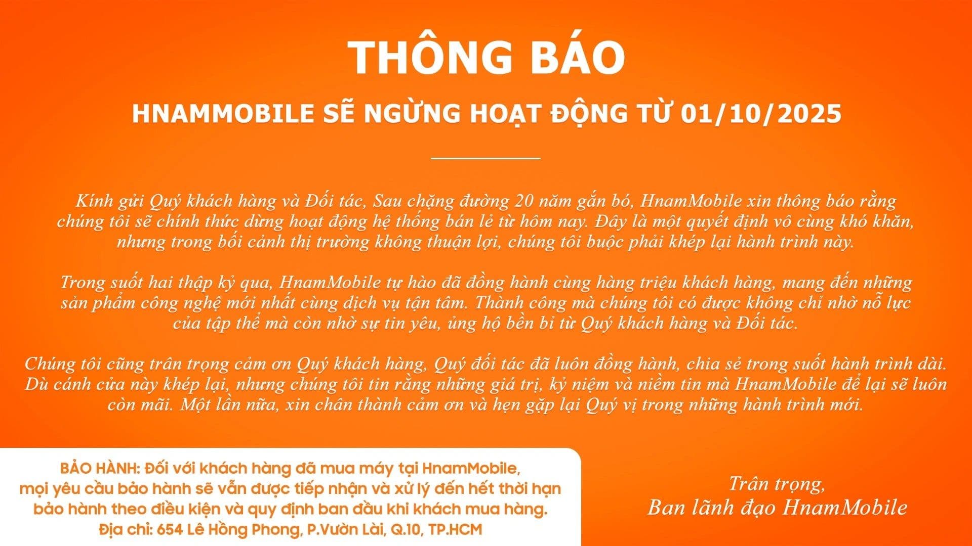 Thông báo HnamMobile ngừng hoạt động từ 01/10/2025