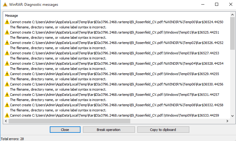 Thông báo lỗi từ WinRAR khi giải nén tệp tin độc hại, cho thấy dấu hiệu của một cuộc tấn công zero-day.