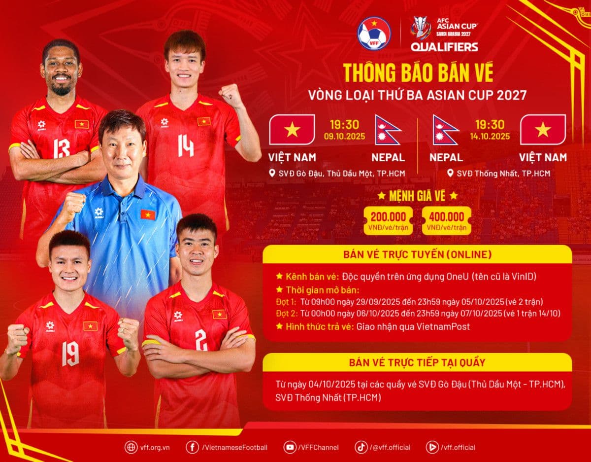 Thông báo về các trận đấu vòng loại Asian Cup 2027 giữa Việt Nam và Nepal.