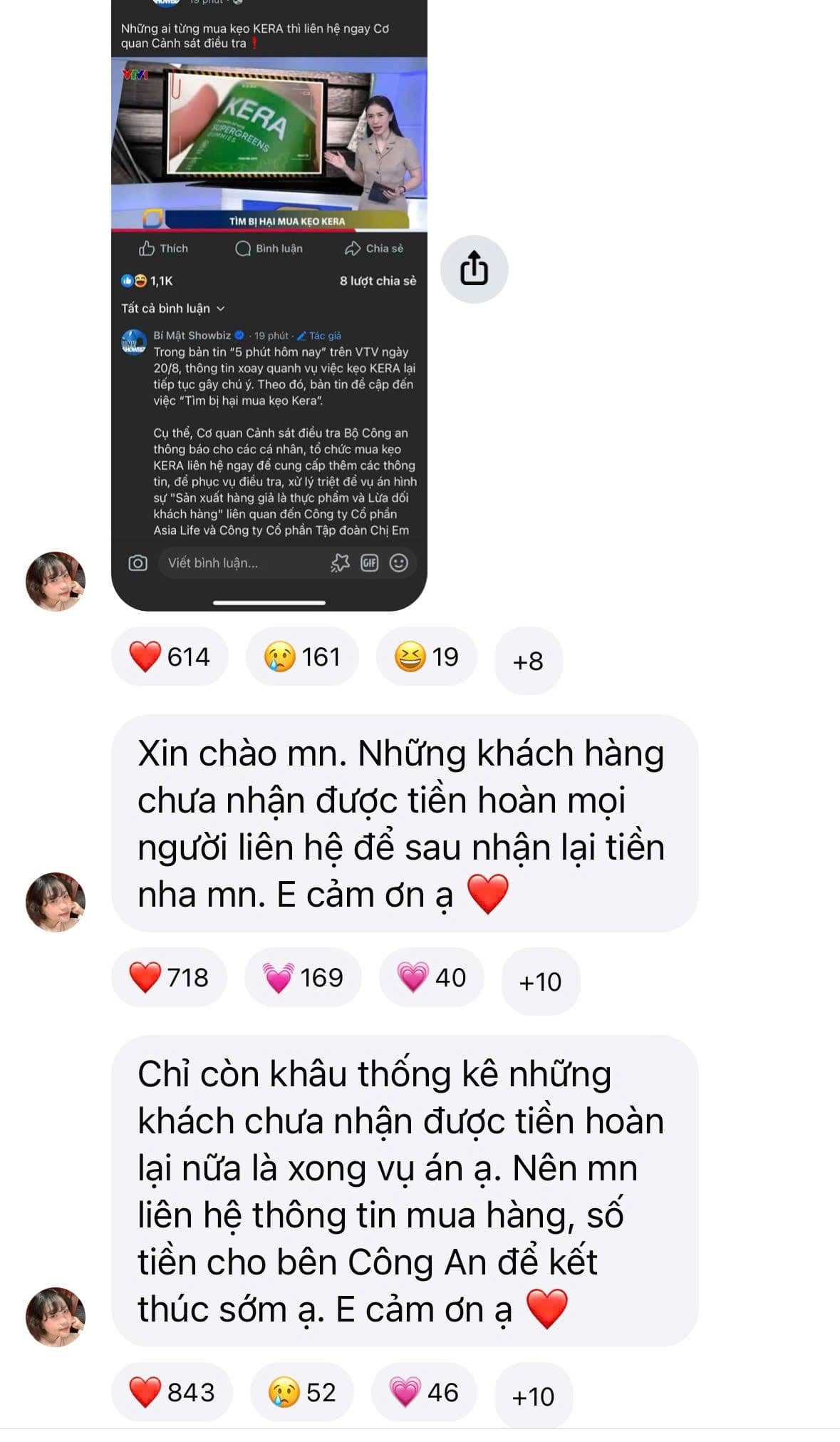 Tin nhắn của Nhật Lệ, chị gái Quang Linh Vlogs, kêu gọi khách hàng Kera liên hệ công an.