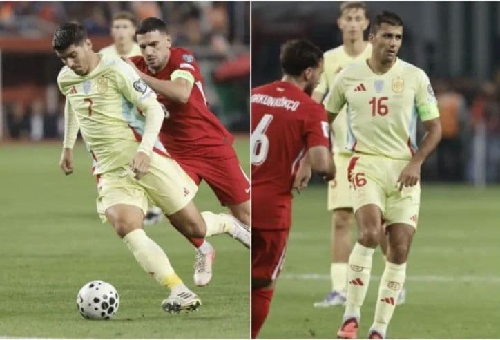 Tiền đạo Alvaro Morata của Tây Ban Nha đối đầu với cầu thủ Thổ Nhĩ Kỳ trong trận đấu.