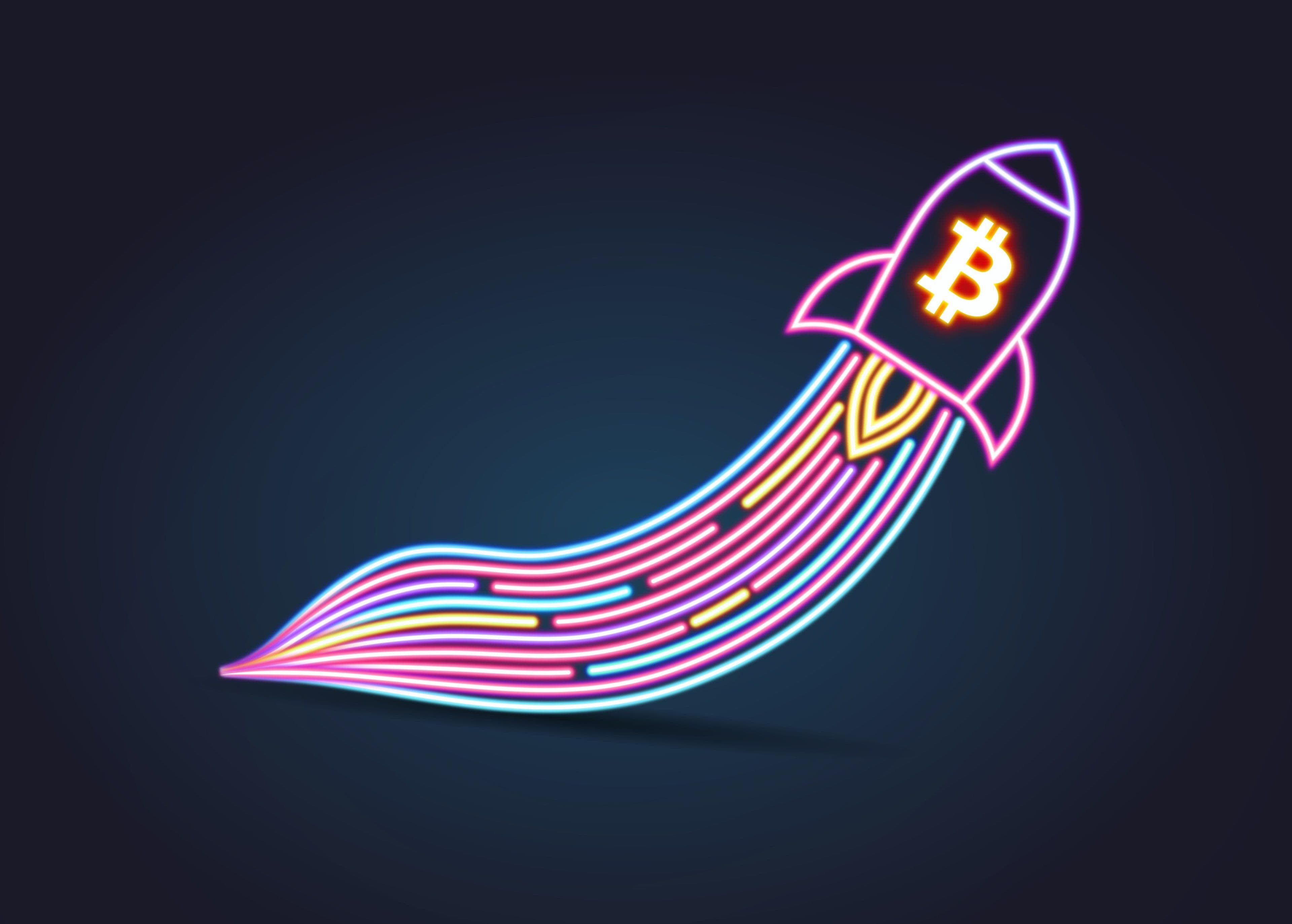 Tên lửa Bitcoin neon bay lên, minh họa các đợt tăng giá bùng nổ và biến động lịch sử của Bitcoin.
