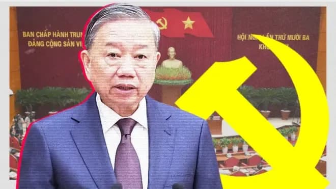 Tổng Bí thư Tô Lâm và biểu tượng Đảng, thể hiện nền tảng lãnh đạo cho Đại hội XIV và tương lai đất nước.