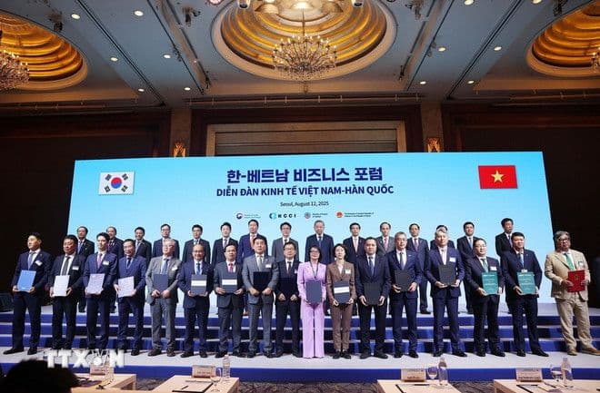 Tổng Bí thư Tô Lâm và Thủ tướng Hàn Quốc Kim Min Seok chứng kiến lễ ký kết hợp tác công nghệ giữa CT Group và đối tác Hàn Quốc tại Diễn đàn Kinh tế Việt Nam - Hàn Quốc.