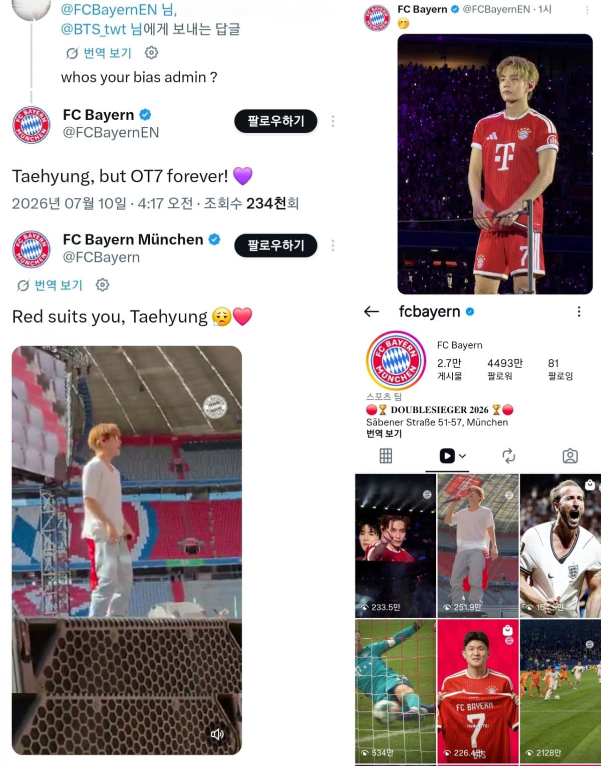 Tổng hợp các bài đăng trên mạng xã hội của FC Bayern và hình ảnh V BTS, thể hiện sự tương tác kỹ thuật số giữa fandom và câu lạc bộ.