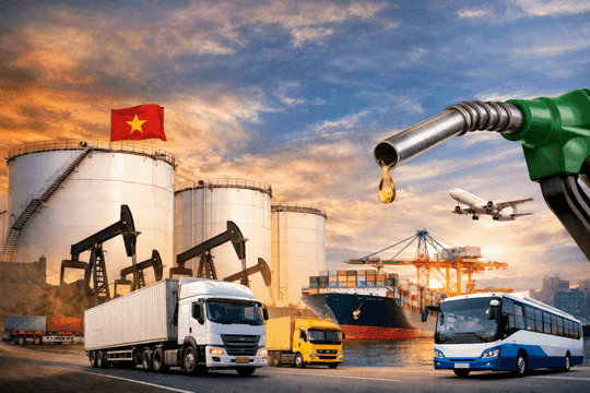 Tổng quan về ngành năng lượng và vận tải tại Việt Nam, bao gồm giàn khoan dầu, bồn chứa, tàu, xe tải và vòi bơm xăng, tượng trưng cho chi phí nhiên liệu và dòng chảy năng lượng quốc gia.