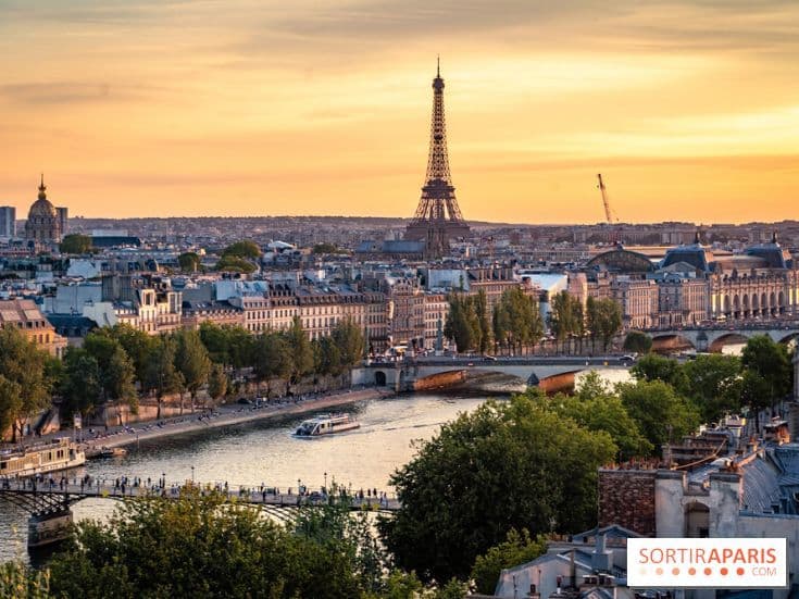 Toàn cảnh Paris với sông Seine và tháp Eiffel dưới ánh nắng vàng, tượng trưng cho những ngày nắng đẹp trước khi thời tiết chuyển biến.