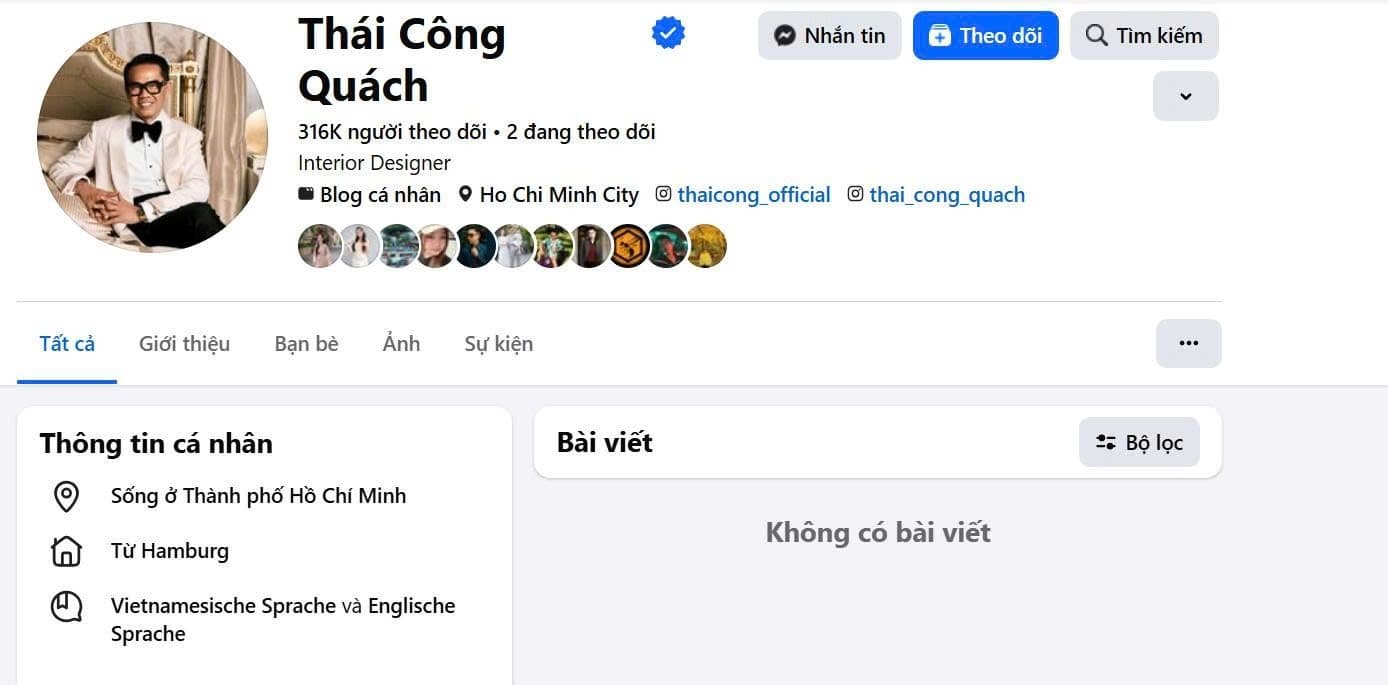 Trang Facebook cá nhân của Thái Công Quách hiển thị không có bài viết, thể hiện việc ông tạm khóa kênh mạng xã hội.