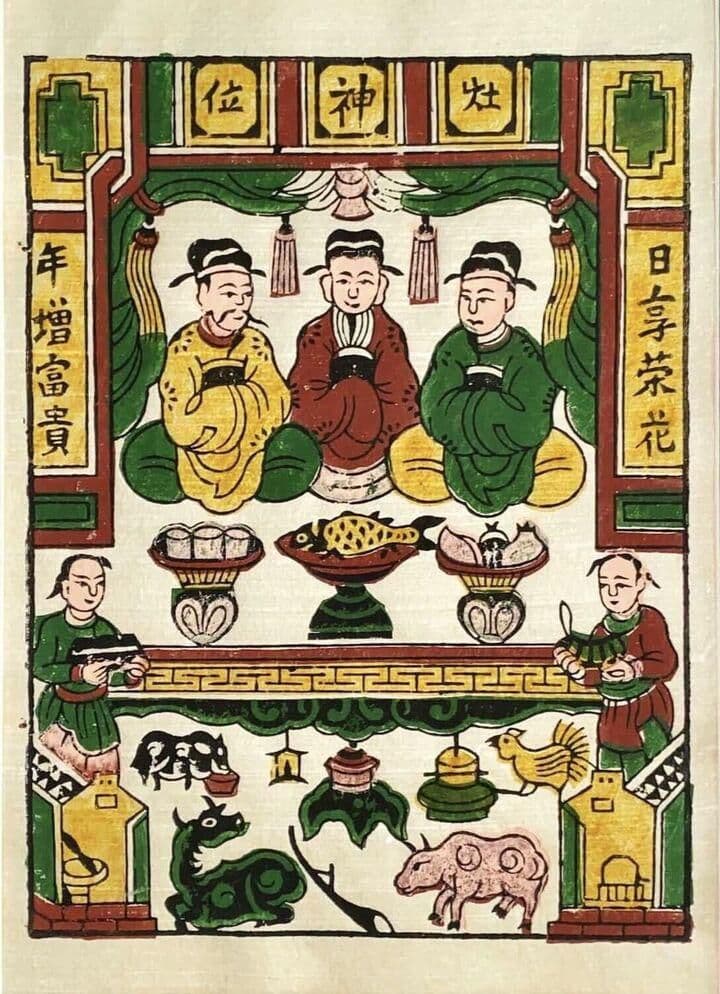 Tranh dân gian Đông Hồ vẽ ba vị Táo Quân với mâm cúng, thể hiện truyền thuyết cổ xưa.