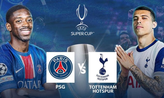 Trận Siêu cúp Châu Âu giữa PSG và Tottenham, với hình ảnh cầu thủ hai đội.