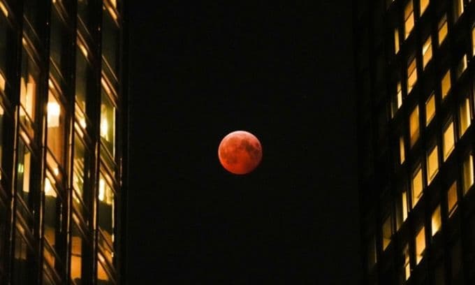 Trăng máu đỏ rực giữa các tòa nhà chọc trời, một cảnh tượng nguyệt thực toàn phần.