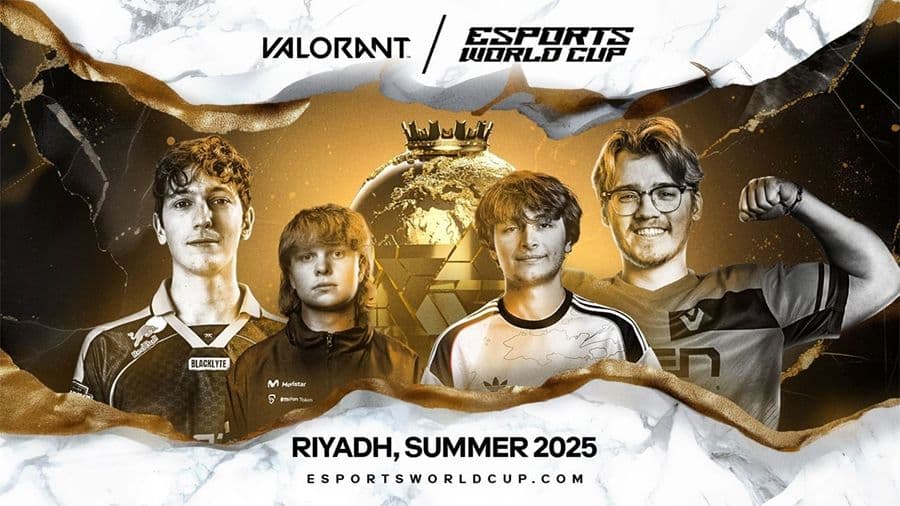 VALORANT Esports World Cup 2025 với hình ảnh các tuyển thủ và cúp vô địch.