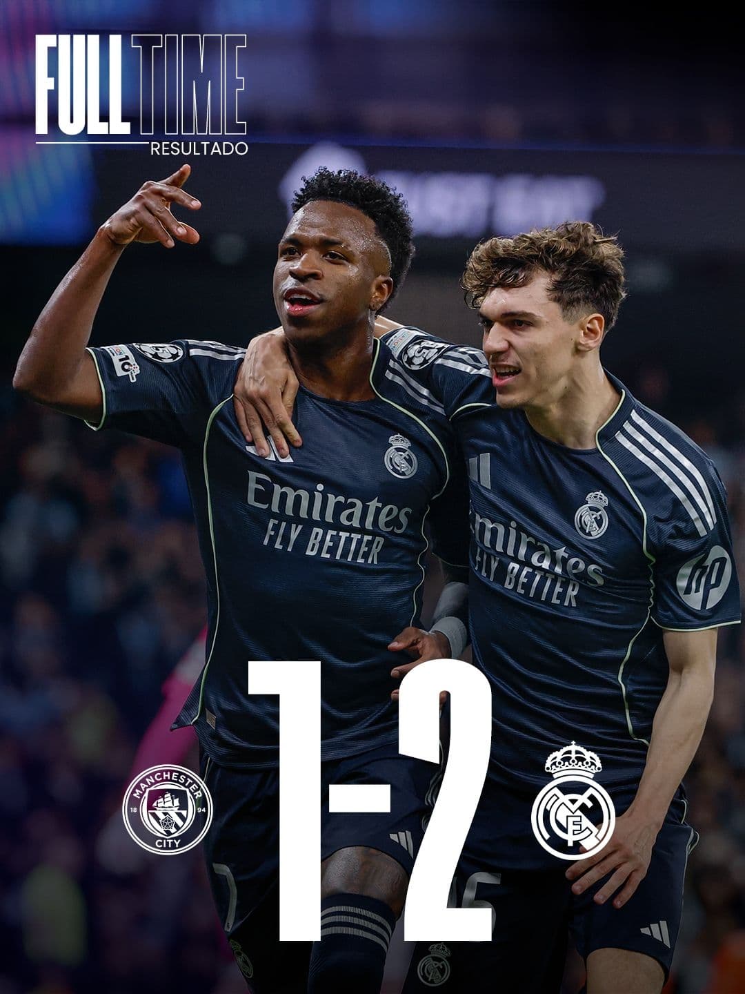 Vinicius Jr và đồng đội Real Madrid ăn mừng chiến thắng 2-1 trước Man City tại Champions League.
