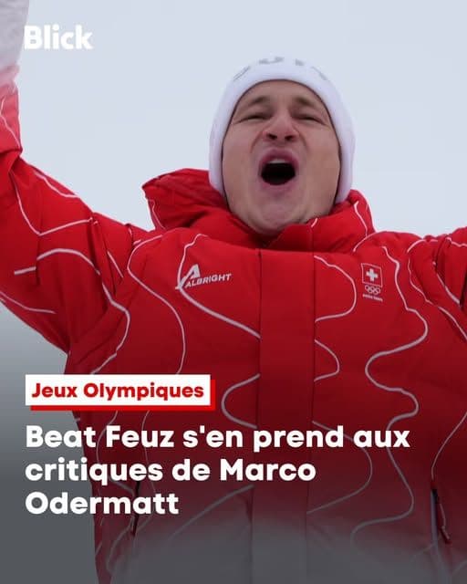 Vận động viên trượt tuyết Beat Feuz ăn mừng chiến thắng tại Thế vận hội, với dòng chữ về Marco Odermatt và áp lực Olympic.