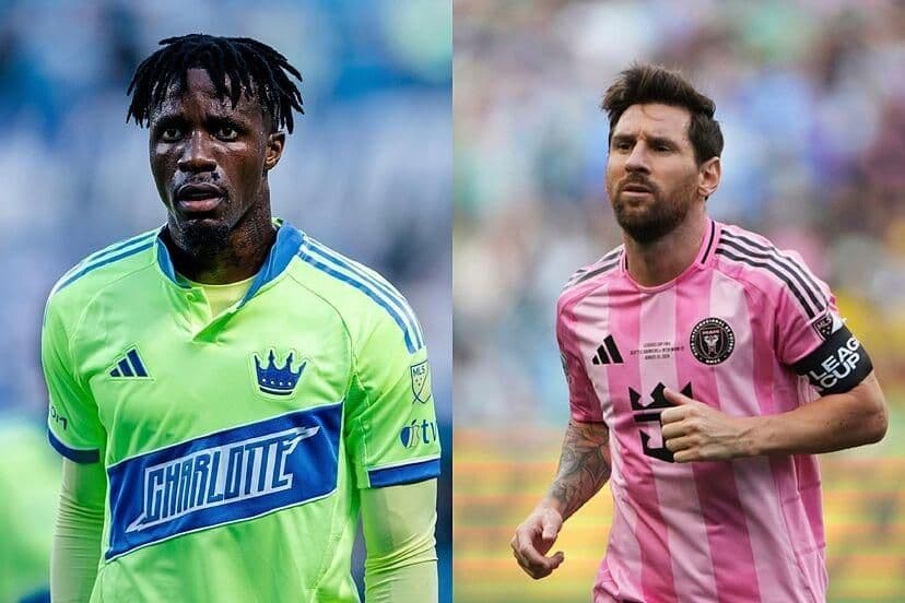 Wilfried Zaha của Charlotte FC và Lionel Messi của Inter Miami trước trận đấu.