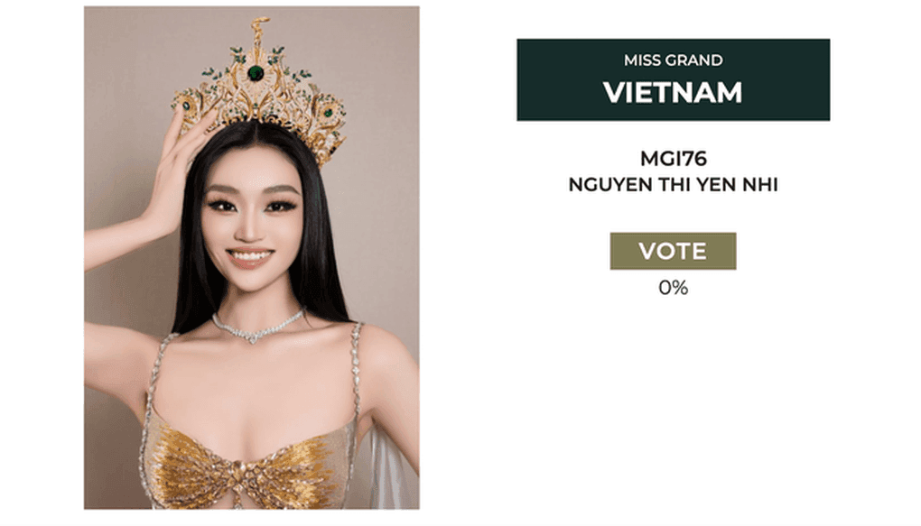 Yến Nhi, đại diện Việt Nam tại Miss Grand International 2025, với tỉ lệ bình chọn 0%.